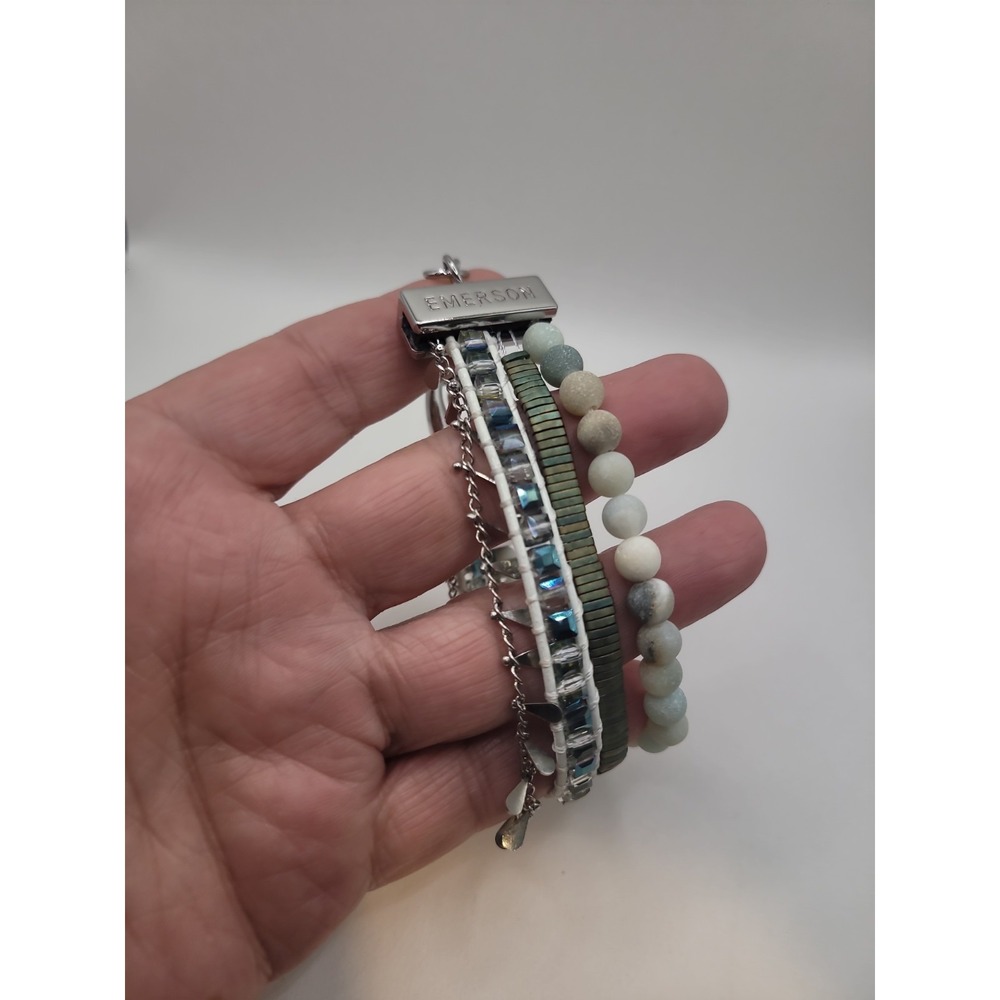 Victoria Emerson Multi Strand Bracelet Silver Tone White Blue Green Beaded Boho